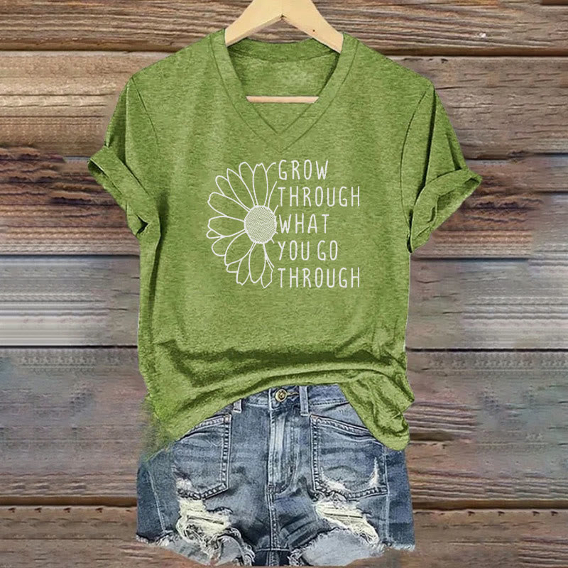 ChristianartworkshopWomen's Grow Through What You Go Through Print V-Neck T-shirt - Green - 4XL - image 4