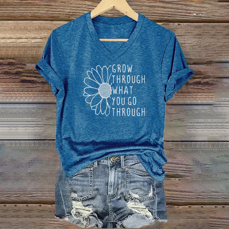 ChristianartworkshopWomen's Grow Through What You Go Through Print V-Neck T-shirt - Blue - 4XL - image 0
