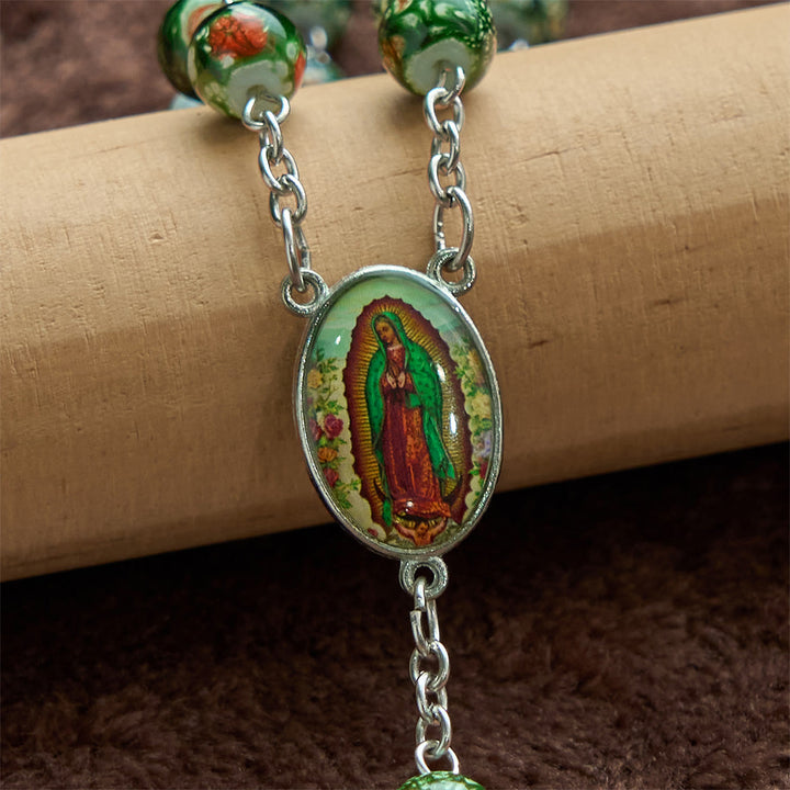 Christianartworkshop Our Lady Medal & Crucifix of 8mm Green Glass Beads Rosary—Blessed Symbol of Faith - image 3
