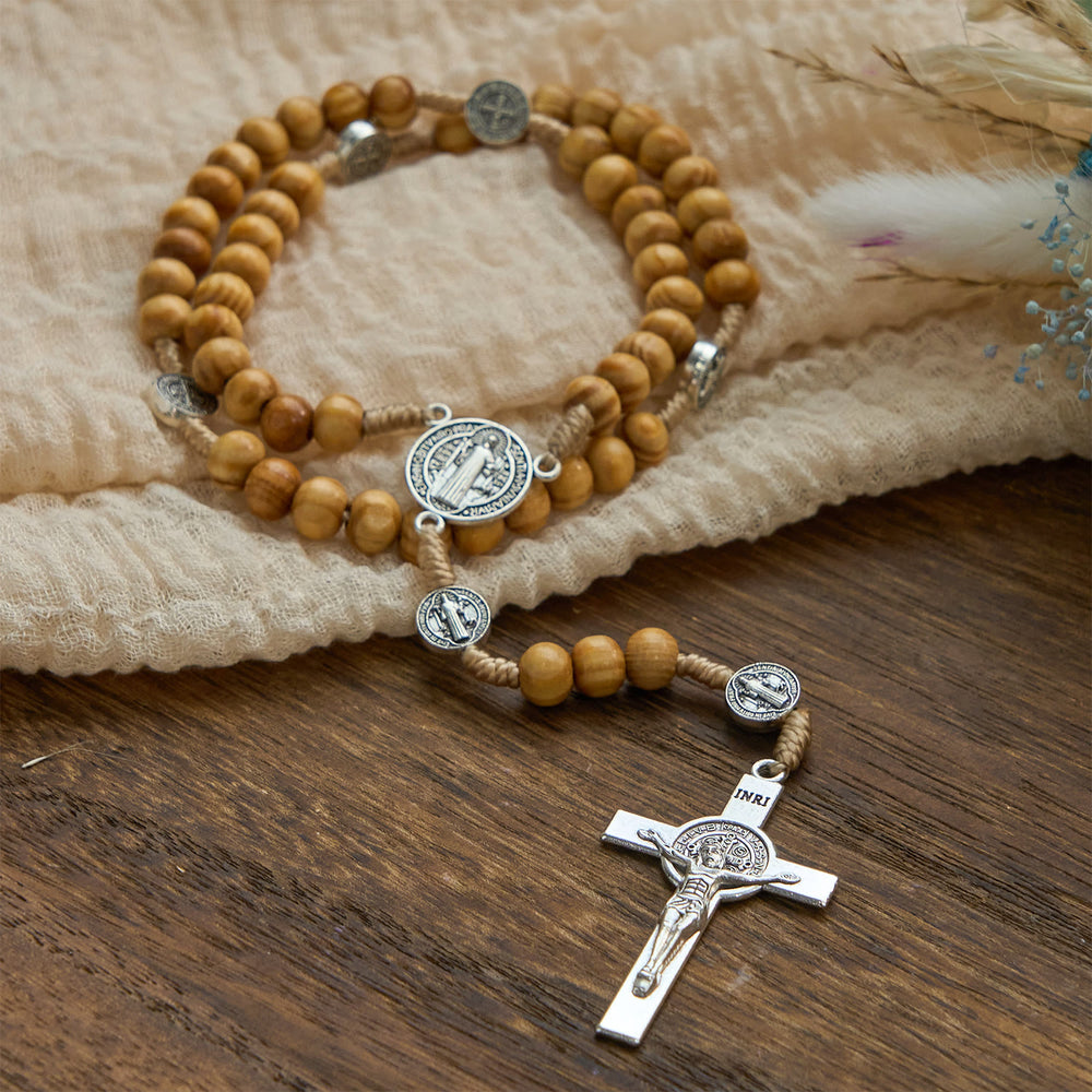 Christianartworkshop St. Benedict & Crucifix of 8mm Olive Wood Round Beads Rosary: Blessed Devotion in Every Bead - image 2