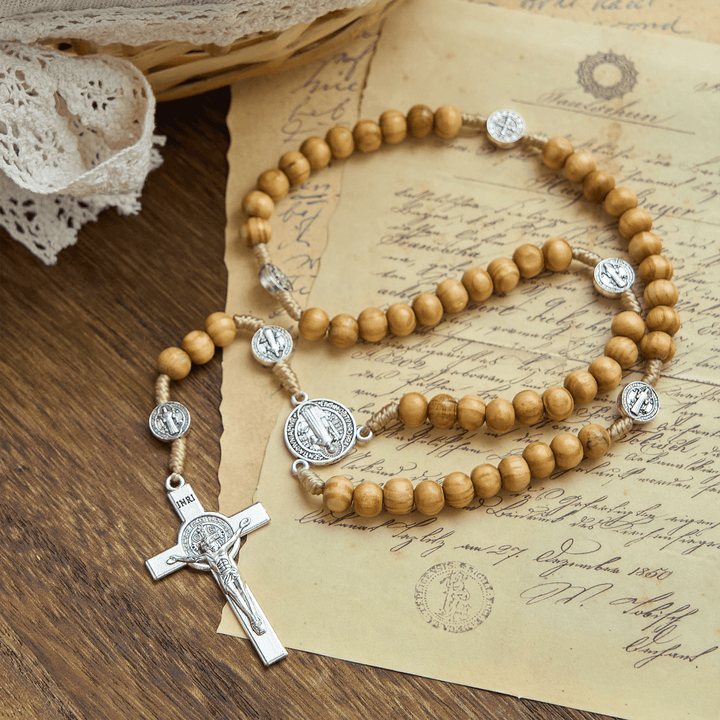 Christianartworkshop St. Benedict & Crucifix of 8mm Olive Wood Round Beads Rosary: Blessed Devotion in Every Bead - Wood - image 1