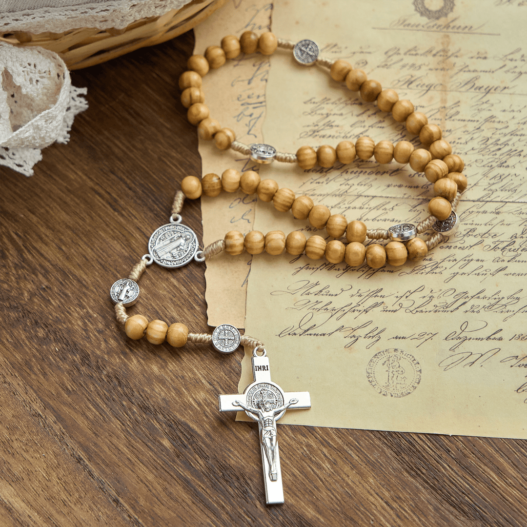 Christianartworkshop St. Benedict & Crucifix of 8mm Olive Wood Round Beads Rosary: Blessed Devotion in Every Bead - image 3