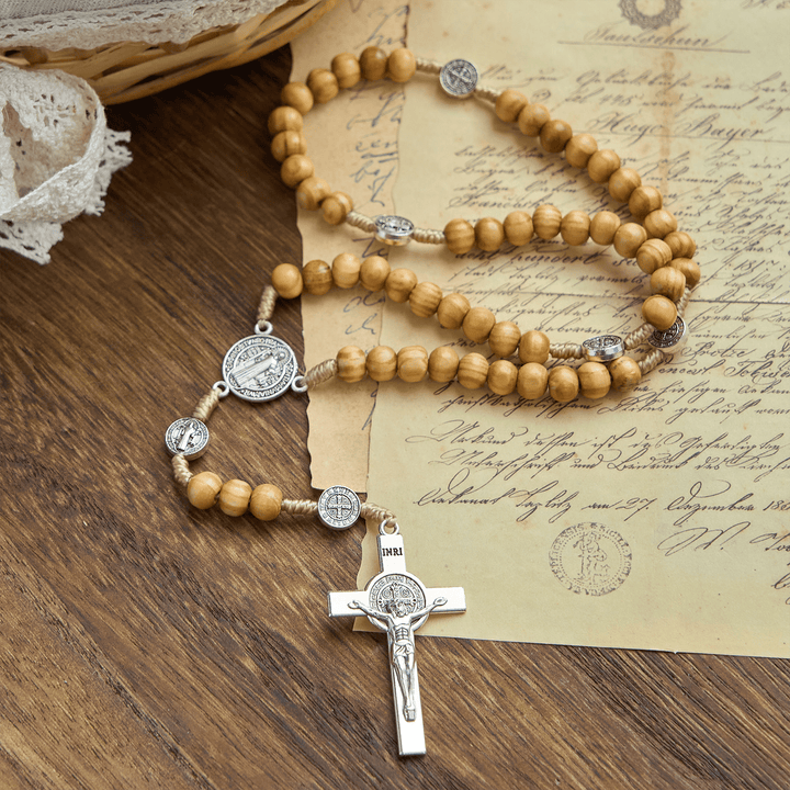 Christianartworkshop St. Benedict & Crucifix of 8mm Olive Wood Round Beads Rosary: Blessed Devotion in Every Bead - image 3