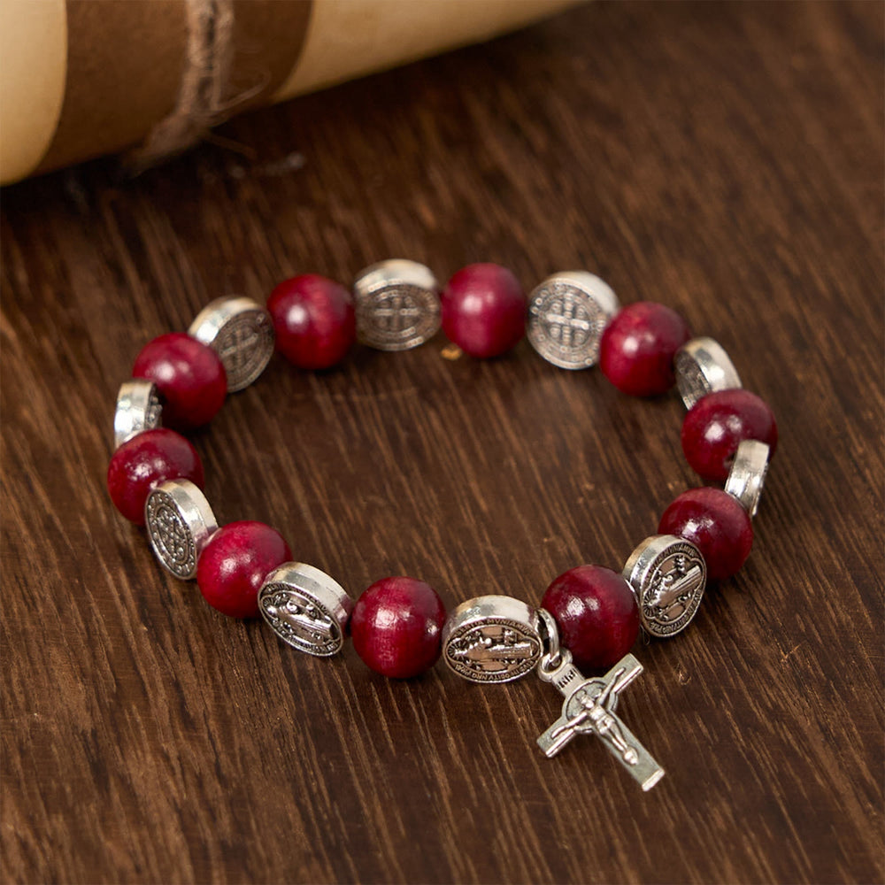 Christianartworkshop Vintage Style St. Benedict Pendant and Red Beads Bracelet: Cherished Symbol of Holy Guidance - image 1