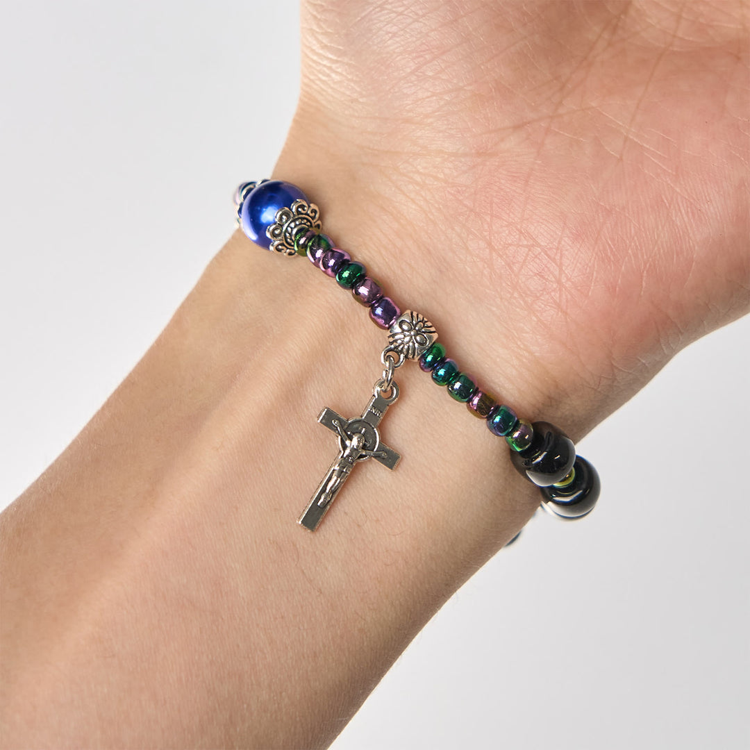Christianartworkshop Ebony and Blue Agate with Our Lady Medal & Crucifix Bracelet - image 2