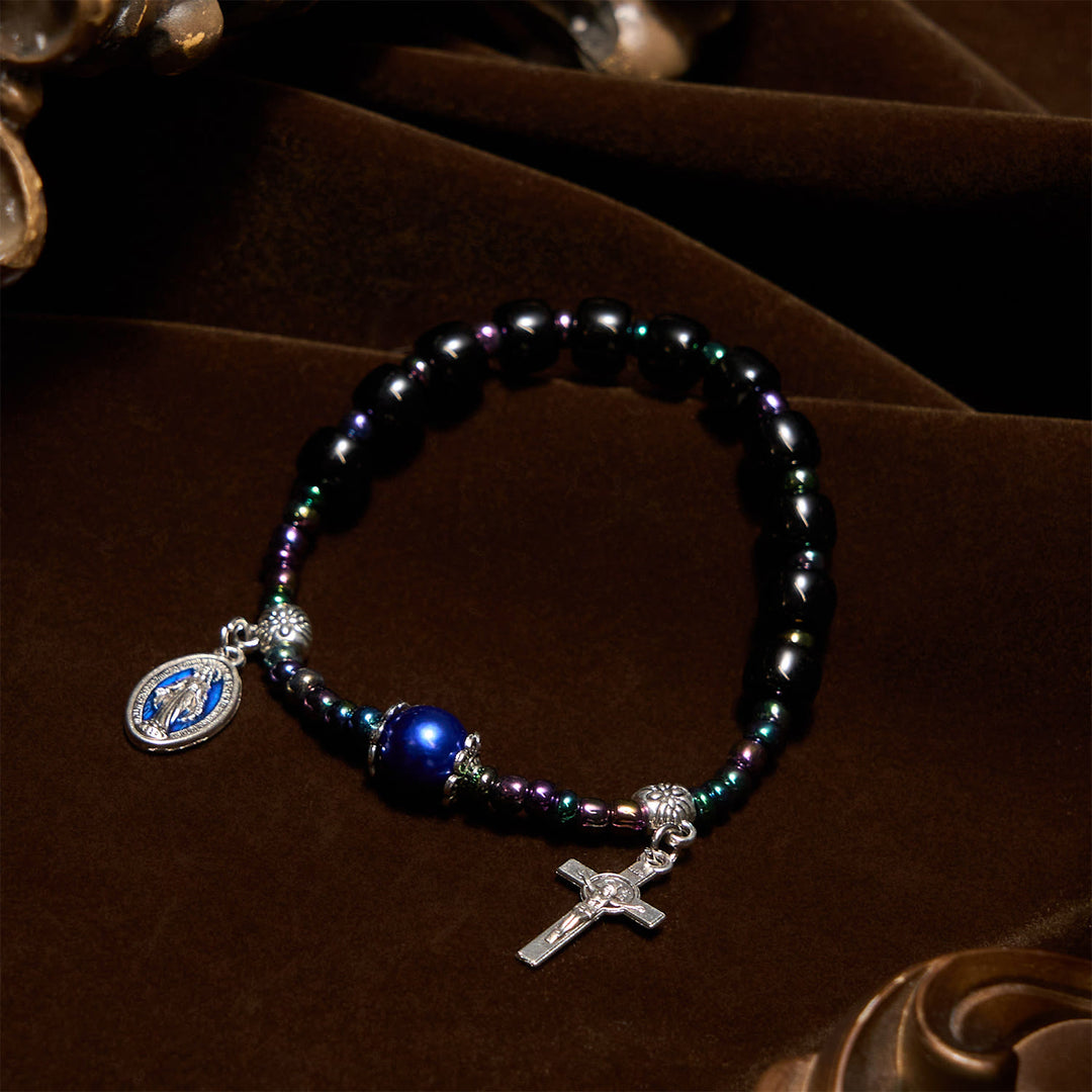 Christianartworkshop Ebony and Blue Agate with Our Lady Medal & Crucifix Bracelet - image 4