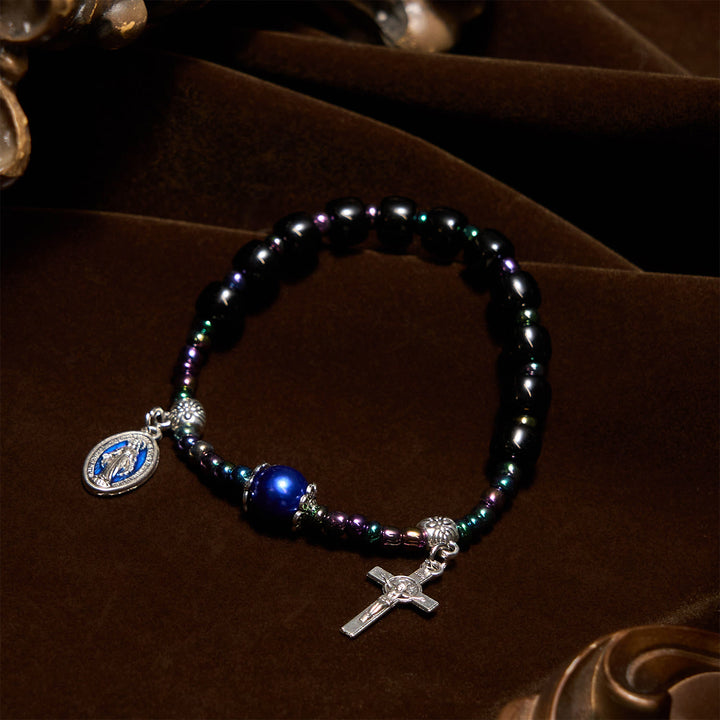 Christianartworkshop Ebony and Blue Agate with Our Lady Medal & Crucifix Bracelet - image 4