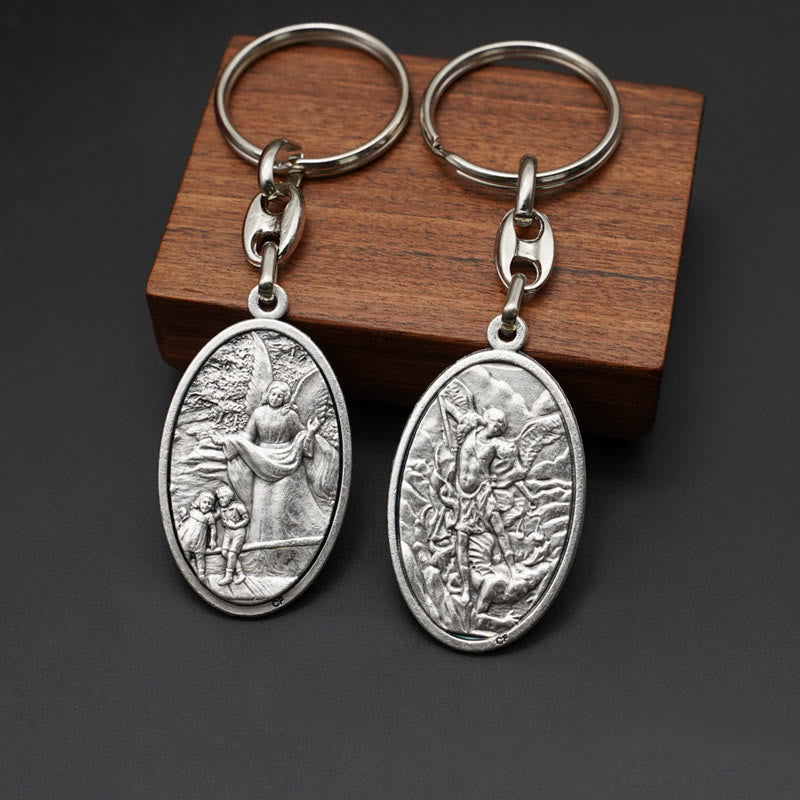 Christianartworkshop Vintage Style Guardian Angel & St. Michael Pendant Keychain: Memento of Faith's Protection - image 1