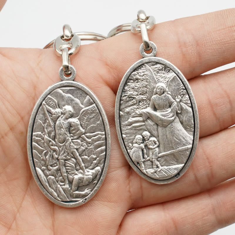 Christianartworkshop Vintage Style Guardian Angel & St. Michael Pendant Keychain: Memento of Faith's Protection - Guardian Angel & St. Michael - image 0