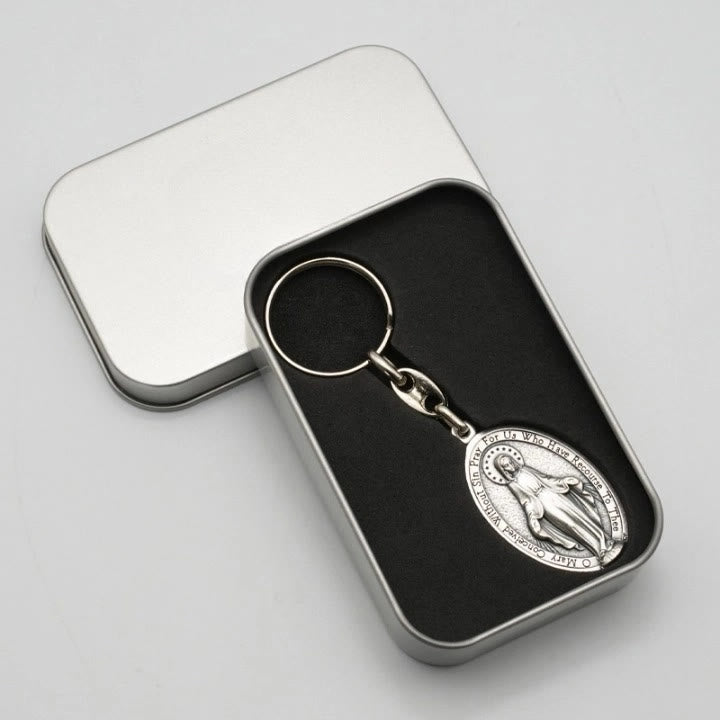 Christianartworkshop Classic Hand-Carved Mary Miraculous Medal Keychain: Graceful Sign of Devotional Faith - image 2