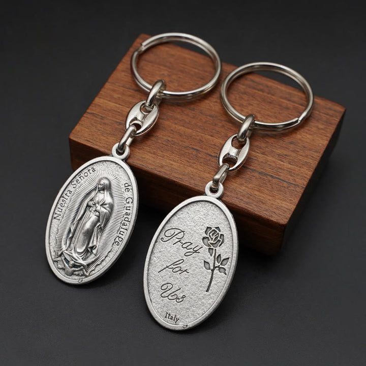 Christianartworkshop Exquisite Relief - Sculpted Our Lady of Guadalupe Medal with Castilian Rose Keychain - Our Lady of Guadalupe - image 0