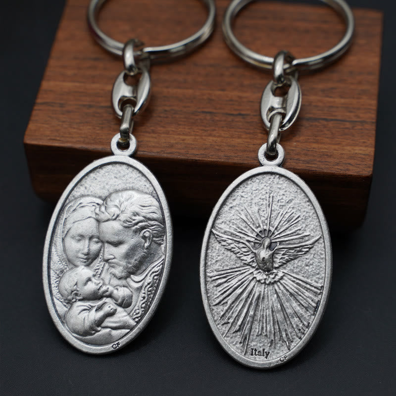 Christianartworkshop Retro Style Crafted Holy Family & Holy Spirit Pendant Keychain: Gleaming Symbol of Familial Unity - image 1