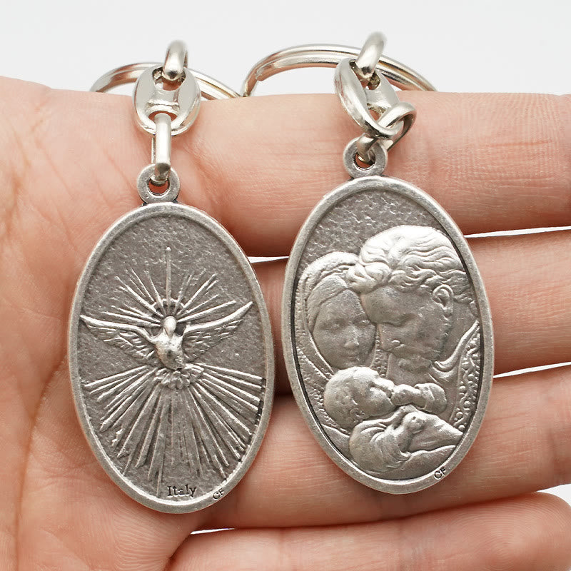 Christianartworkshop Retro Style Crafted Holy Family & Holy Spirit Pendant Keychain: Gleaming Symbol of Familial Unity - image 2