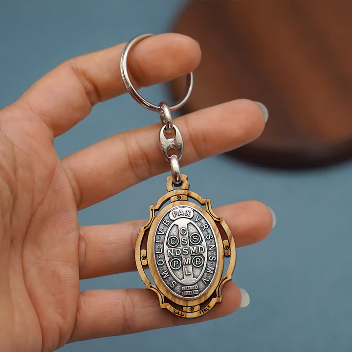 Christianartworkshop Wooden Crafted St. Benedict Medal Keychain: Contemporary Badge of Spiritual Defense - image 2