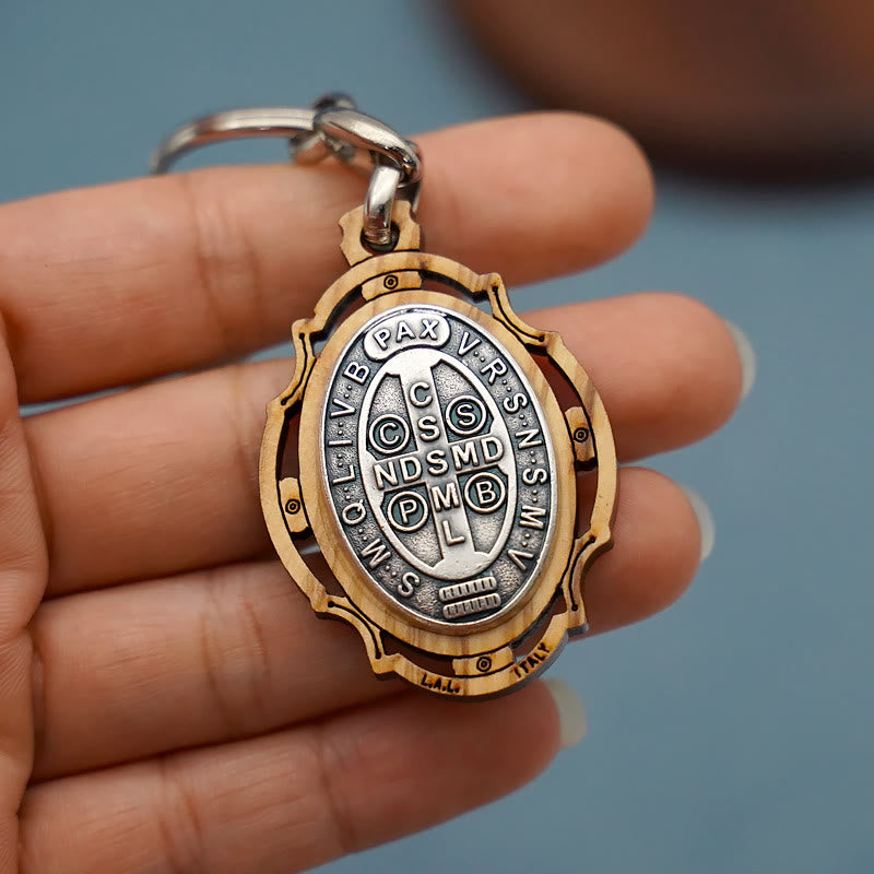 Christianartworkshop Wooden Crafted St. Benedict Medal Keychain: Contemporary Badge of Spiritual Defense - image 3