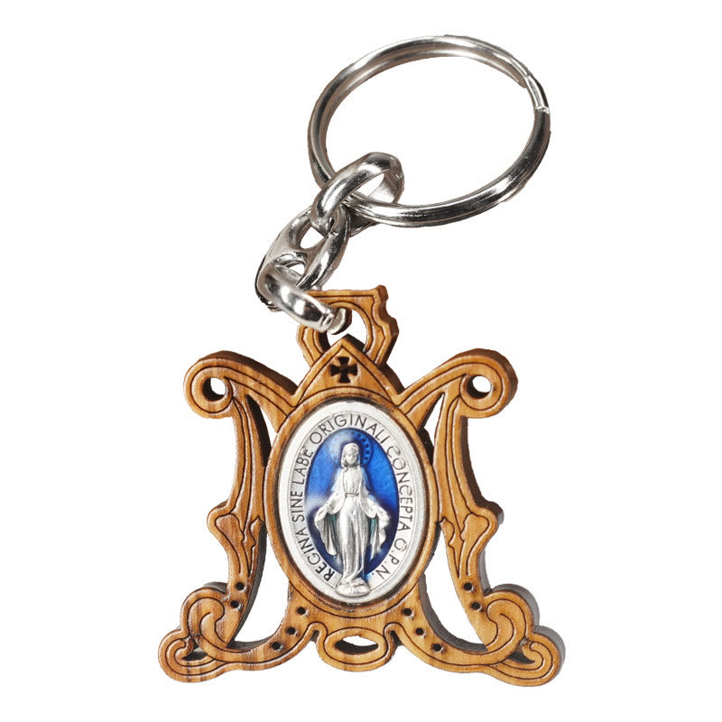 Christianartworkshop Premium Crafted Olive Wood Miraculous Medal & Enamel Virgin Mary Keychain: Memento of Mary's Devotion - image 4