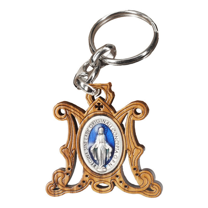 Christianartworkshop Premium Crafted Olive Wood Miraculous Medal & Enamel Virgin Mary Keychain: Memento of Mary's Devotion - image 4