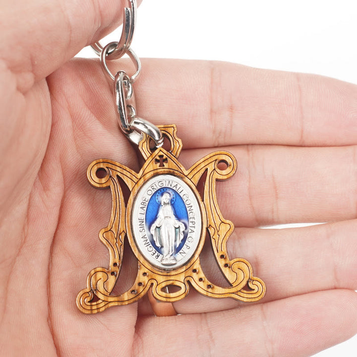 Christianartworkshop Premium Crafted Olive Wood Miraculous Medal & Enamel Virgin Mary Keychain: Memento of Mary's Devotion - image 2