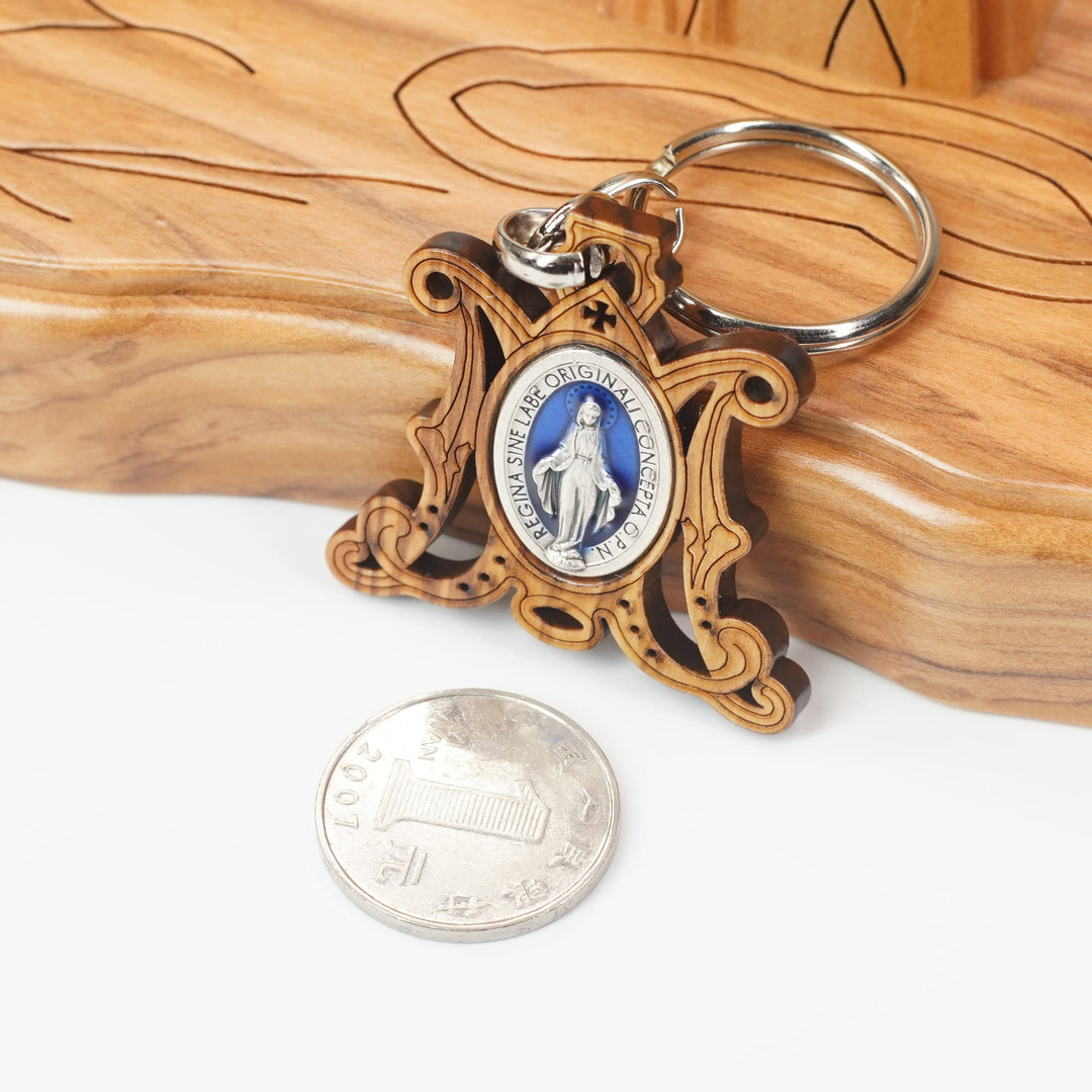 Christianartworkshop Premium Crafted Olive Wood Miraculous Medal & Enamel Virgin Mary Keychain: Memento of Mary's Devotion - image 3