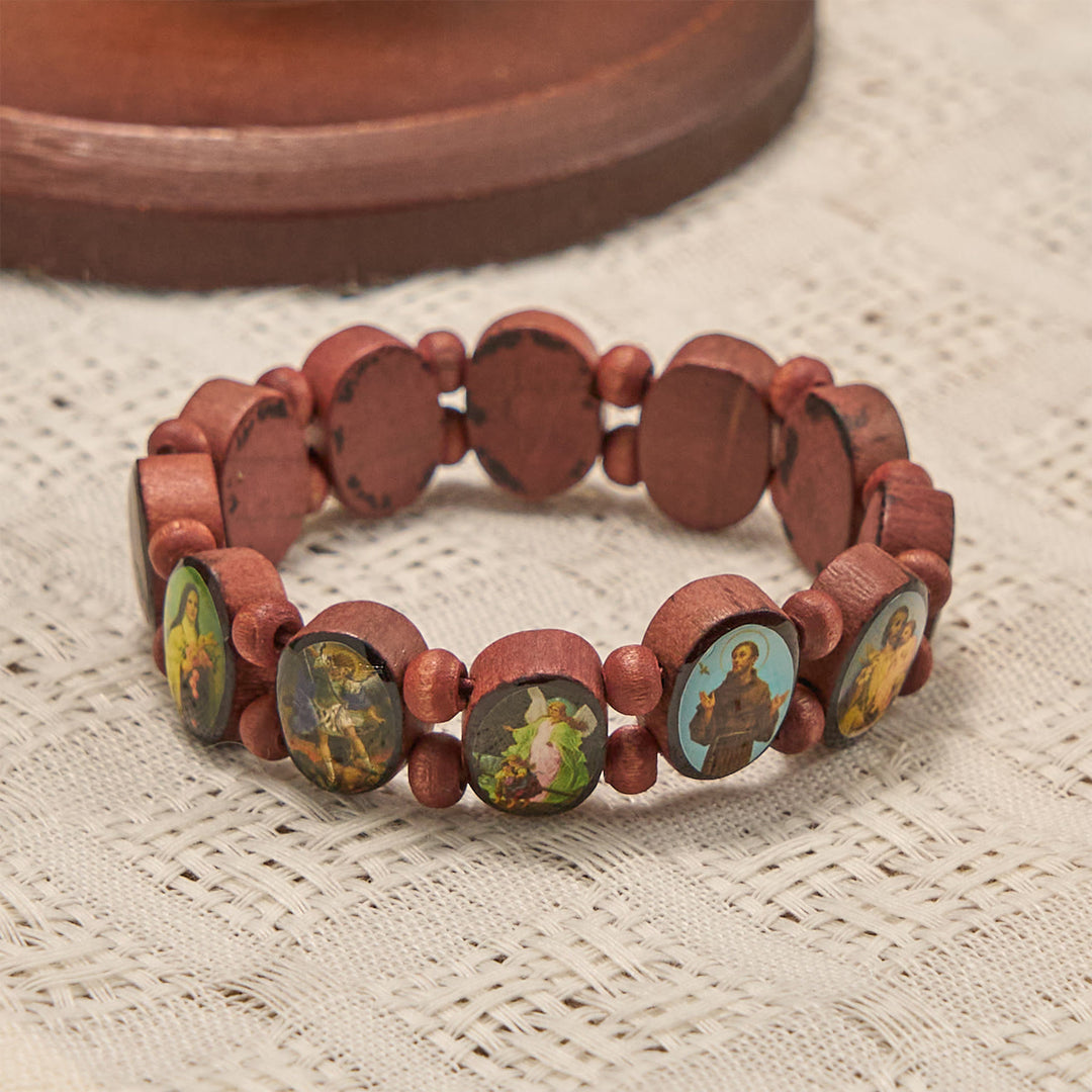 Christianartworkshop Classic Wooden Bead Stretch Bracelet with Mary, Jesus & Saints Icons - image 1