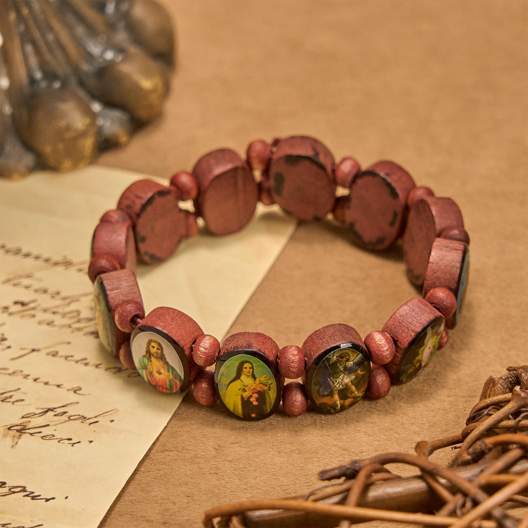 Christianartworkshop Classic Wooden Bead Stretch Bracelet with Mary, Jesus & Saints Icons - Wood - image 0