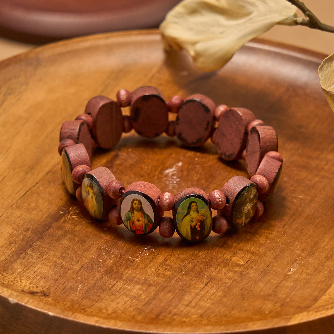 Christianartworkshop Classic Wooden Bead Stretch Bracelet with Mary, Jesus & Saints Icons - image 4