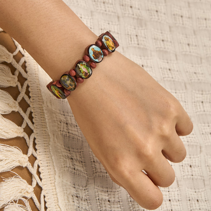 Christianartworkshop Classic Wooden Bead Stretch Bracelet with Mary, Jesus & Saints Icons - image 3