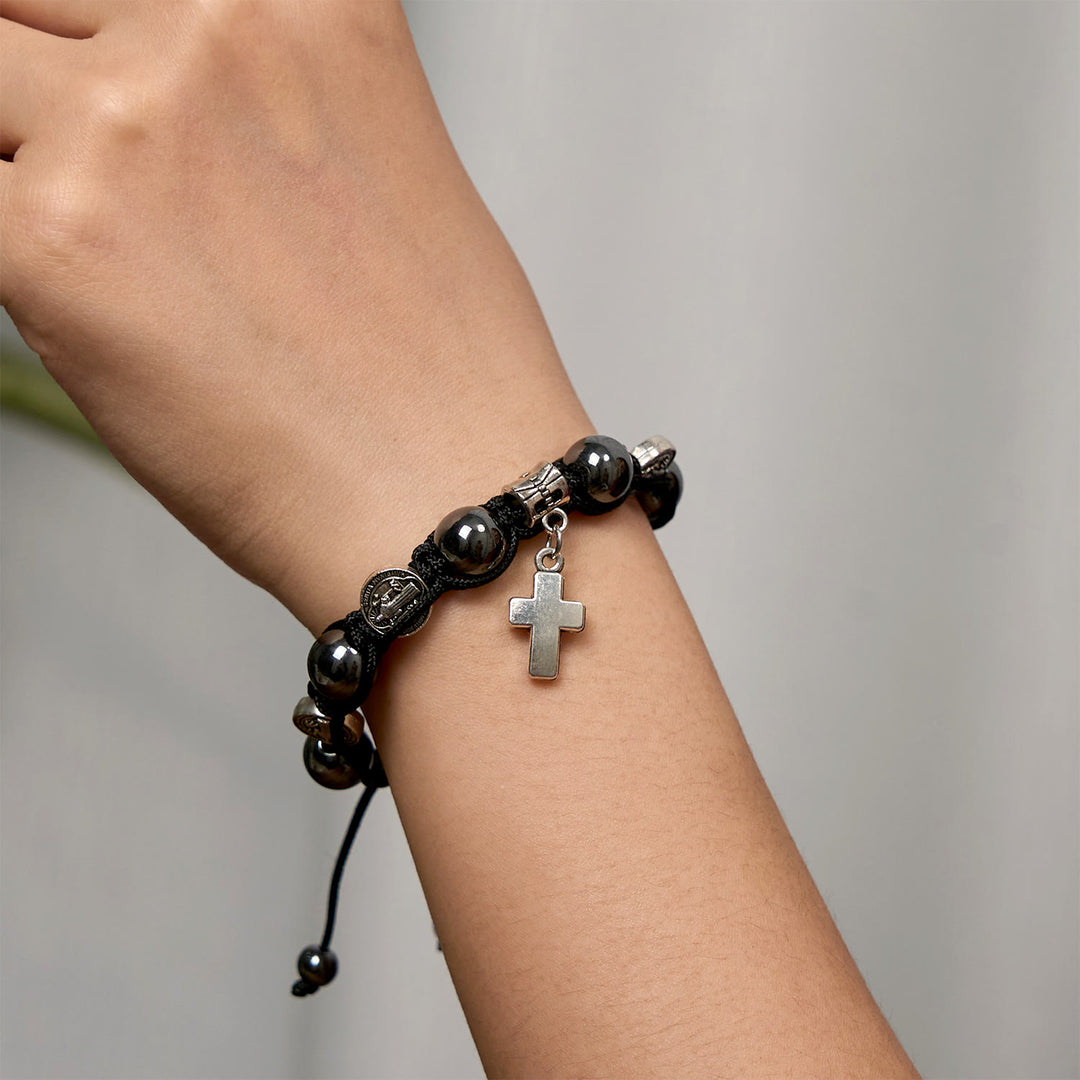 Christianartworkshop Hematite Bead Bracelet with Cross & St. Benedict: Solemn Reminder of Spiritual Roots - image 3