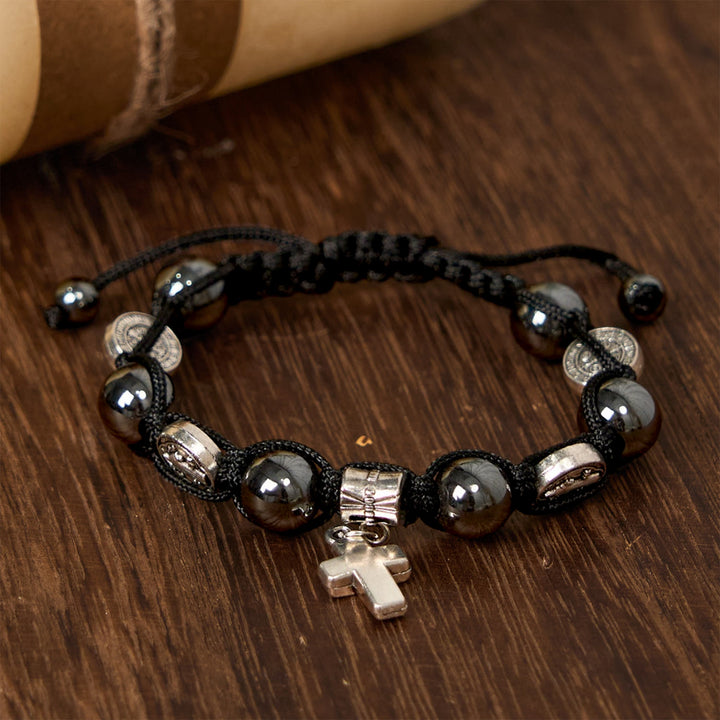 Christianartworkshop Hematite Bead Bracelet with Cross & St. Benedict: Solemn Reminder of Spiritual Roots - image 2