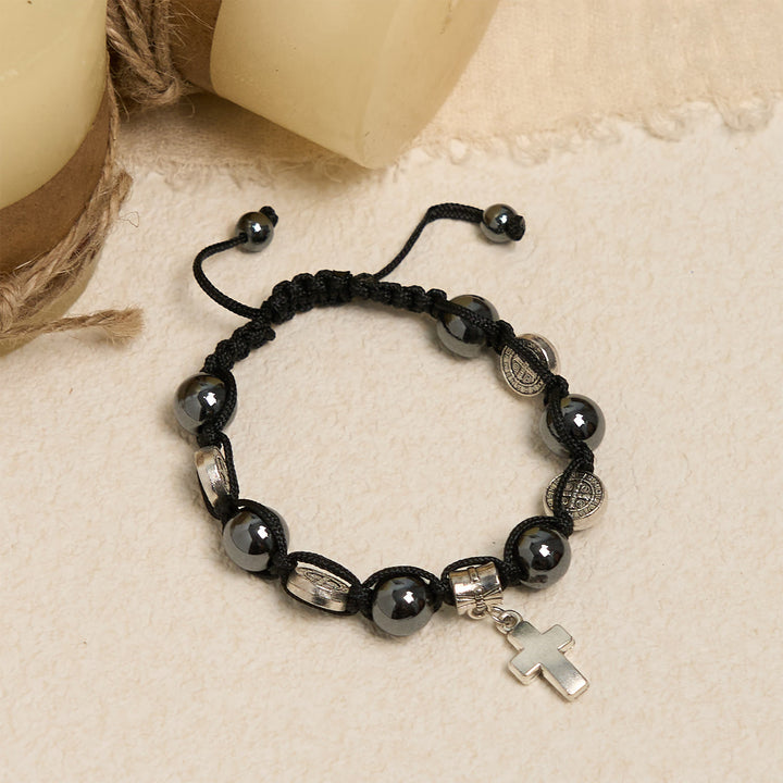 Christianartworkshop Hematite Bead Bracelet with Cross & St. Benedict: Solemn Reminder of Spiritual Roots - image 1