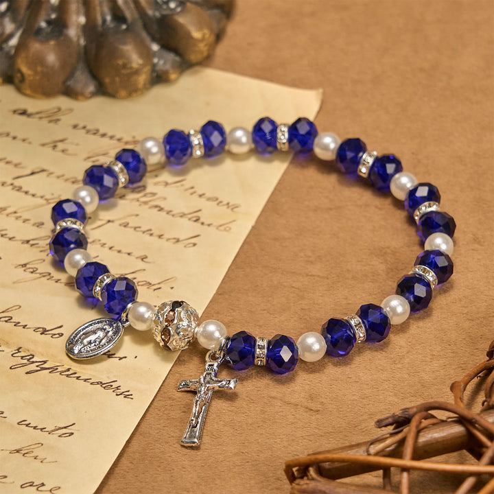 Christianartworkshop Modern Clear Crystal Stretch Braceletwith Crucifix & Miraculous Medal: Contemporary Faith Statement - Blue - image 21