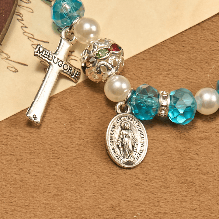 Christianartworkshop Modern Clear Crystal Stretch Braceletwith Crucifix & Miraculous Medal: Contemporary Faith Statement - image 4