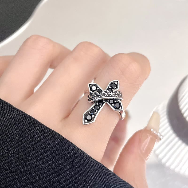 Christianartworkshop 2colors Modern Ring with Cross & Regal Crown: Bold Fusion of Faith and Royalty - Black(Suitable for AU Size L1/2 - AU Size O) - image 5