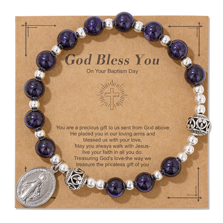 Christianartworkshop Multi-color Gemstone Stretch Bracelet with Miraculous Medal: Unique Spiritual Connection - Blue Goldstone - image 1