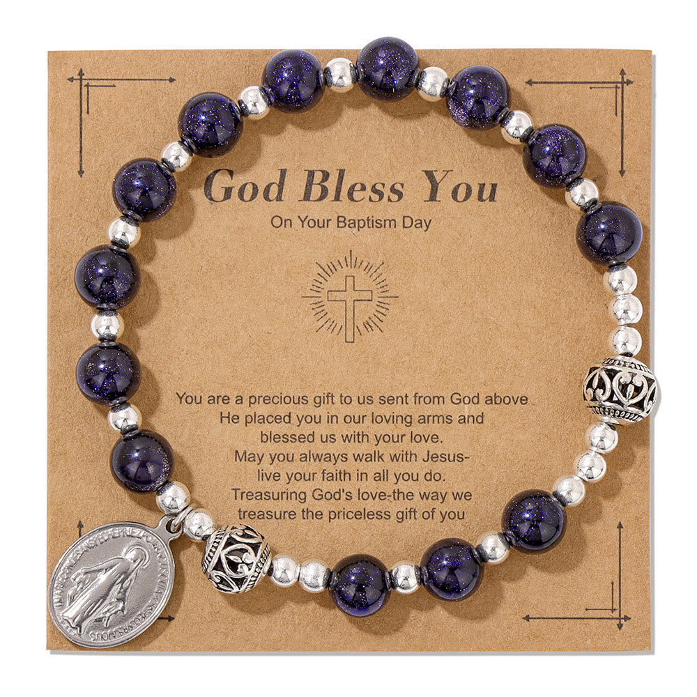 Christianartworkshop Multi-color Gemstone Stretch Bracelet with Miraculous Medal: Unique Spiritual Connection - Blue Goldstone - image 0
