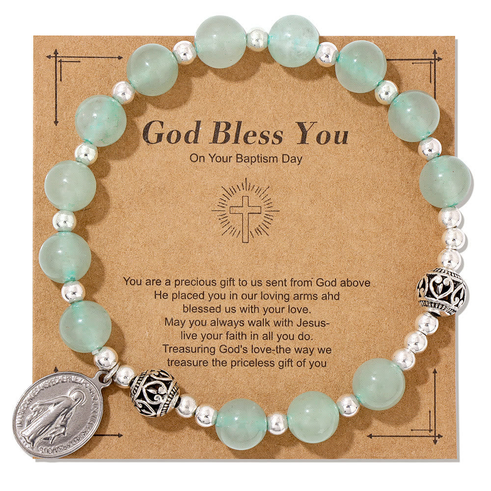 Christianartworkshop Multi-color Gemstone Stretch Bracelet with Miraculous Medal: Unique Spiritual Connection - Green Aventurine - image 3