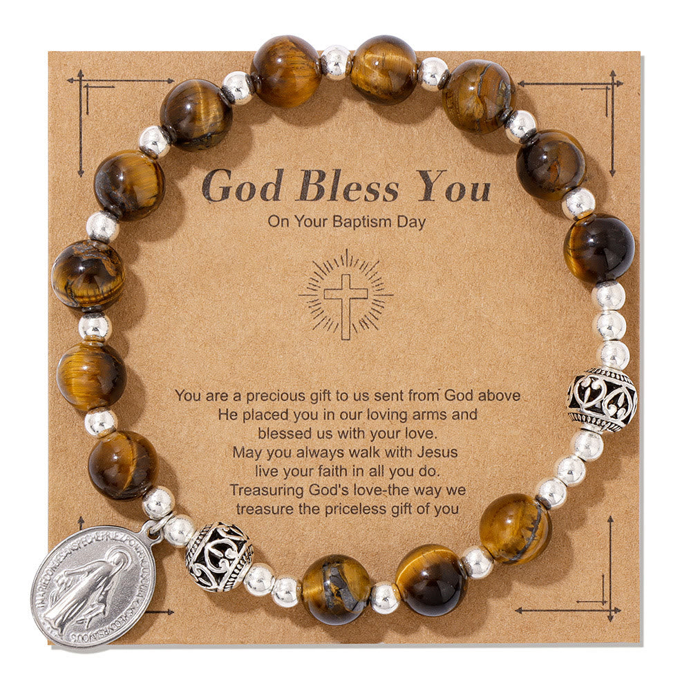 Christianartworkshop Multi-color Gemstone Stretch Bracelet with Miraculous Medal: Unique Spiritual Connection - Yellow Tiger Eye - image 4