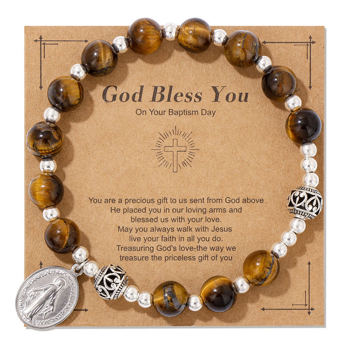 Christianartworkshop Multi-color Gemstone Stretch Bracelet with Miraculous Medal: Unique Spiritual Connection - Yellow Tiger Eye - image 4