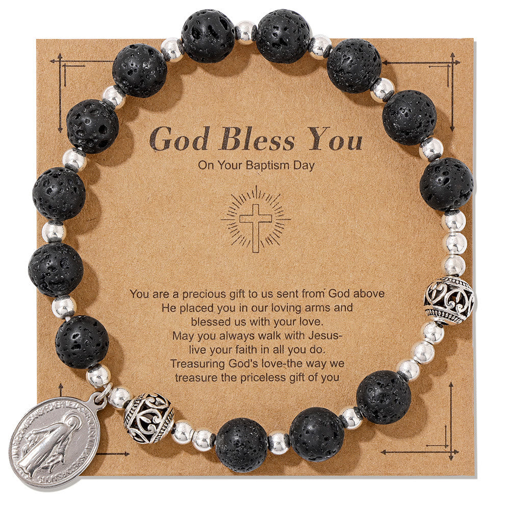 Christianartworkshop Multi-color Gemstone Stretch Bracelet with Miraculous Medal: Unique Spiritual Connection - Lava Stone - image 6