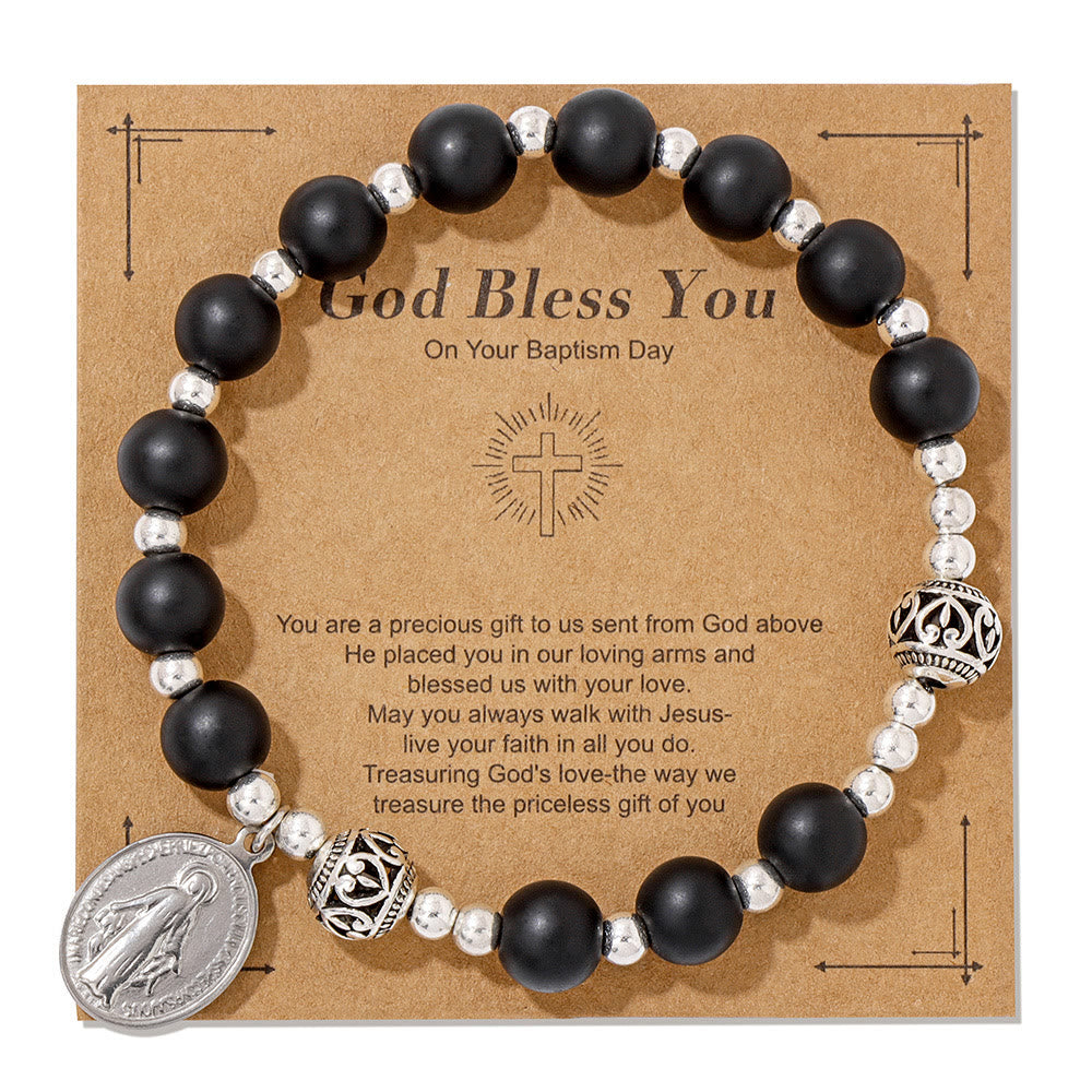 Christianartworkshop Multi-color Gemstone Stretch Bracelet with Miraculous Medal: Unique Spiritual Connection - Matte Black Onyx - image 7