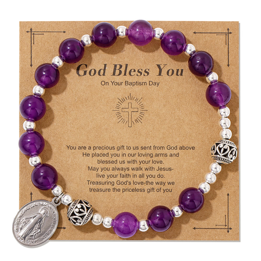 Christianartworkshop Multi-color Gemstone Stretch Bracelet with Miraculous Medal: Unique Spiritual Connection - Amethyst - image 11