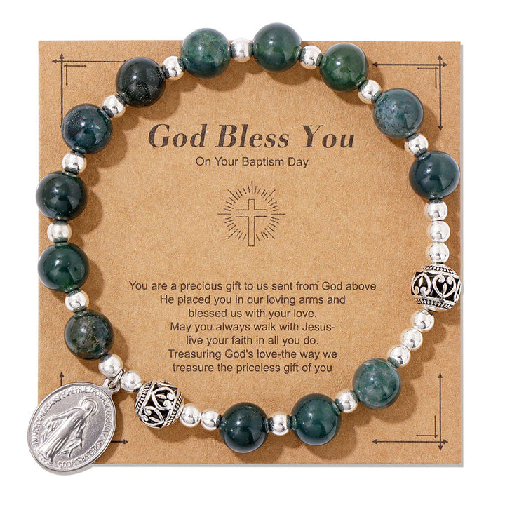 Christianartworkshop Multi-color Gemstone Stretch Bracelet with Miraculous Medal: Unique Spiritual Connection - Moss Agate - image 12
