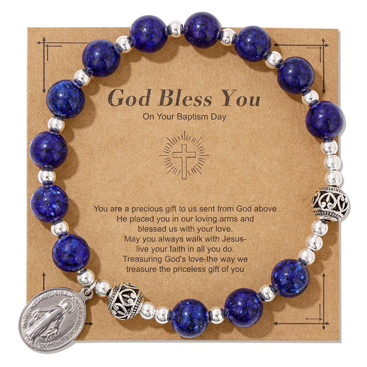 Christianartworkshop Multi-color Gemstone Stretch Bracelet with Miraculous Medal: Unique Spiritual Connection - Lapis Lazuli - image 9