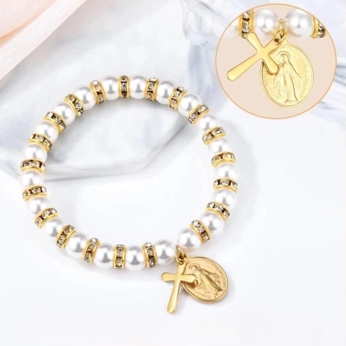 Christianartworkshop Modern Pearl Bracelet with Golden Miraculous Medal & Blessing Card: Opulent Communion - image 4