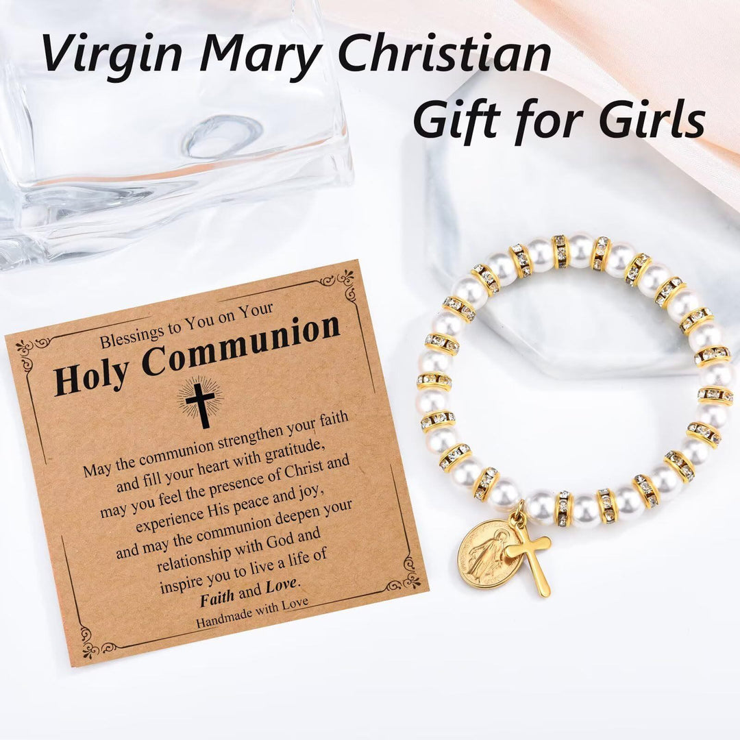 Christianartworkshop Modern Pearl Bracelet with Golden Miraculous Medal & Blessing Card: Opulent Communion - image 5