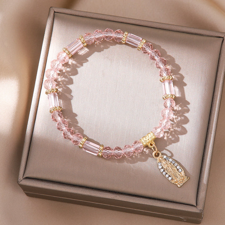 Christianartworkshop Romantic Multi-Color Clear Crystal Bracelet with Golden and Diamond Miraculous Medal - Pink - image 1
