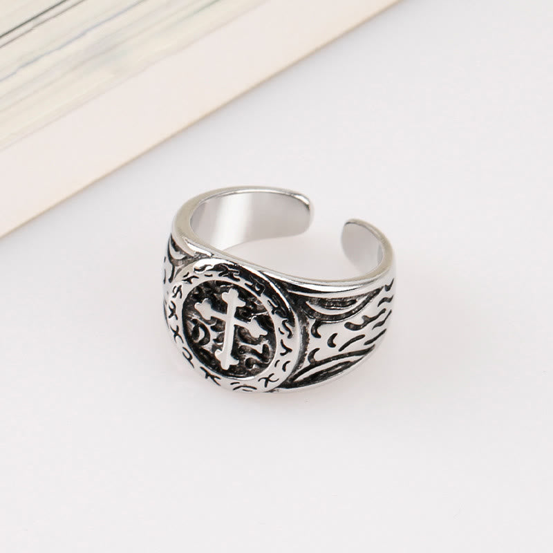 Christianartworkshop Classic 925 Silver Cross Ring with Ornate Patterns: Handmade Relic of Faith - Adjustable - image 0