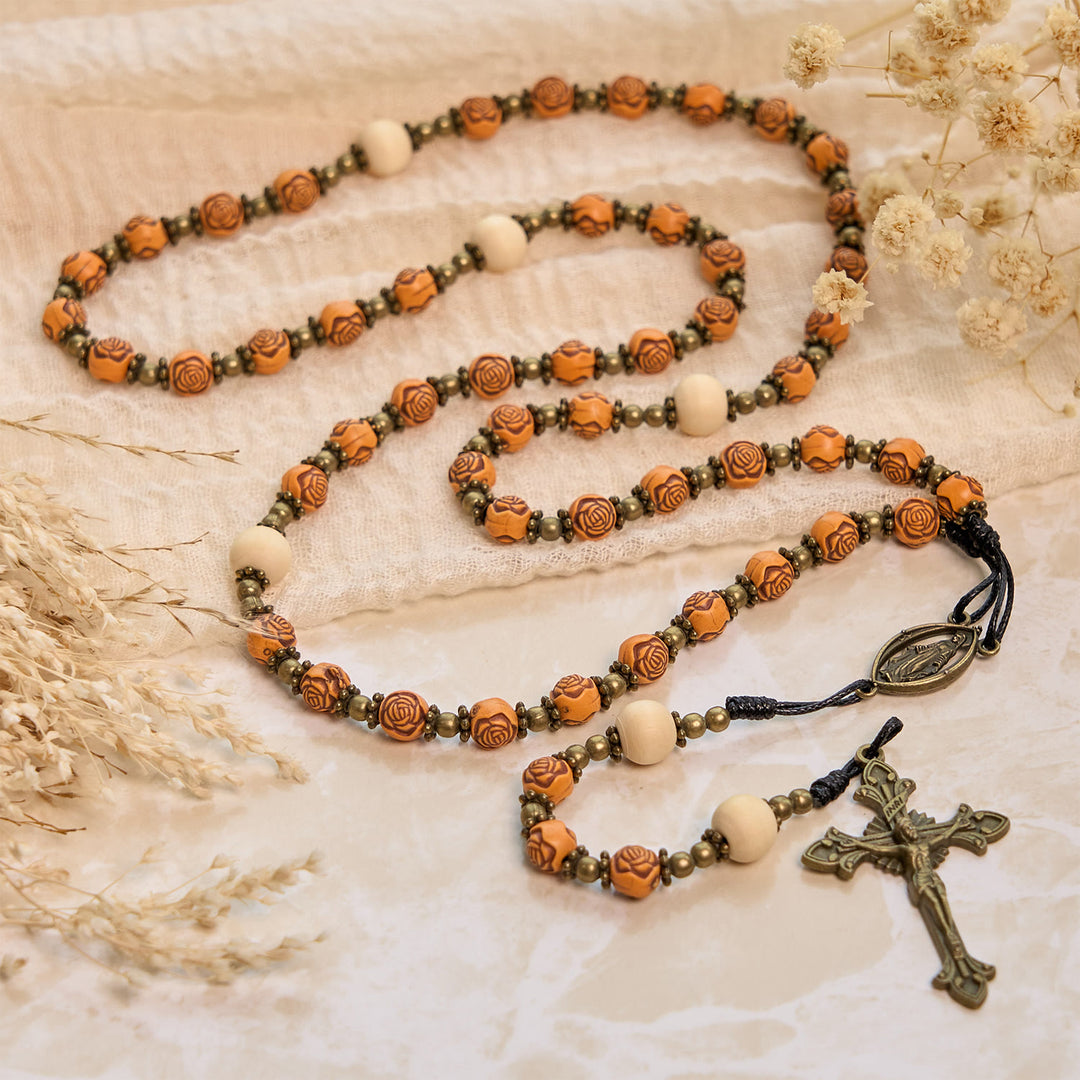Christianartworkshop Exquisite Wooden Rose Beads with Bronze Crucifix & Miraculous Medal Rosary - Wood - image 1