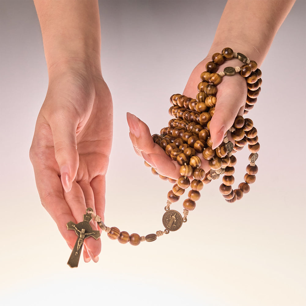 Christianartworkshop 15/20 Decade Olive Wood Rosary with St. Benedict, Crucifix & Waist Chain Design—Divine Devotion in Dual Use - 20 Decade - Caramel - image 2