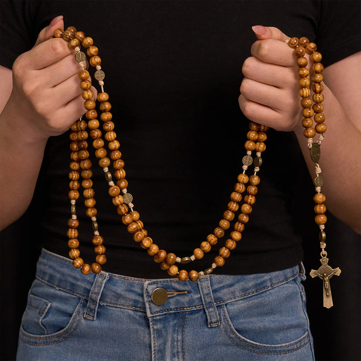 Christianartworkshop 15/20 Decade Olive Wood Rosary with St. Benedict, Crucifix & Waist Chain Design—Divine Devotion in Dual Use - image 6